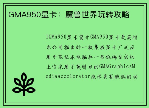 GMA950显卡：魔兽世界玩转攻略