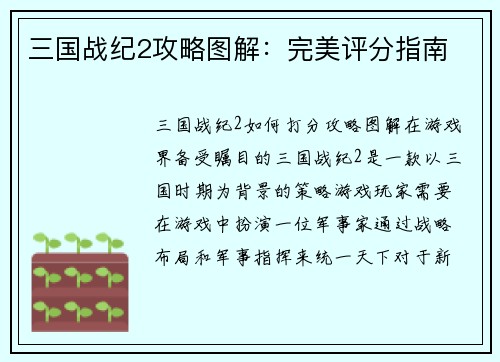 三国战纪2攻略图解：完美评分指南